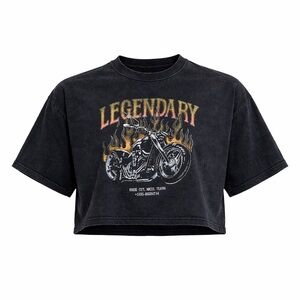 Cotton On Legendary Motorcycle Graphic Cropped T-Shirt Acid Wash Black Size M